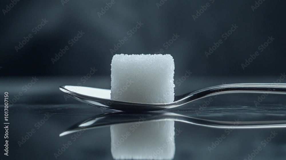 Single sugar cube resting on a silver spoon, isolated on a polished metal surface with reflections Single sugar cube resting on a silver spoon, isolated on a polished metal surface with reflections