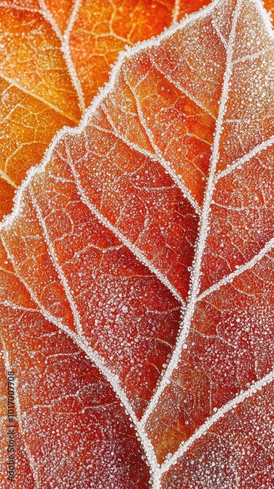 Obraz premium Close-up of frozen autumn leaf showcasing vibrant orange and red hues with frost edges