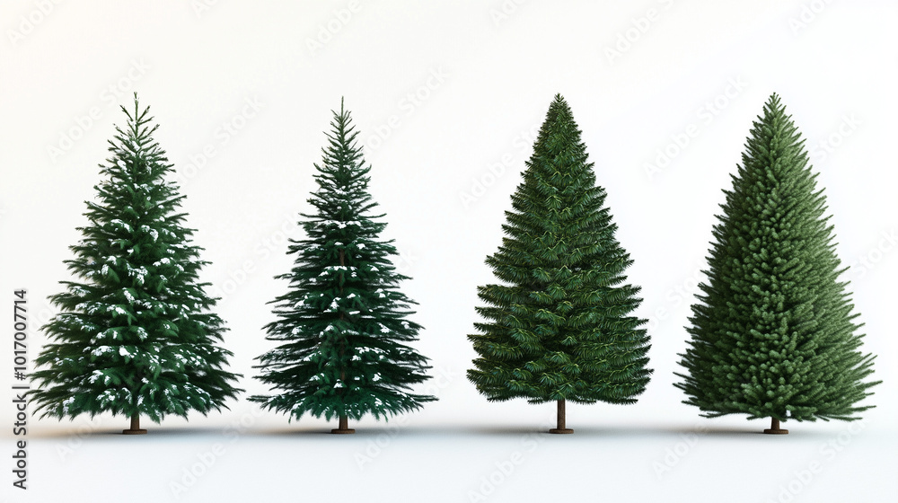 Four Christmas trees without decorations on a white background. Four Christmas trees without decorations on a white background.