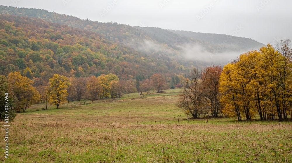 Autumn landscape unfolds with golden trees and misty mountains in a tranquil rural setting Autumn landscape unfolds with golden trees and misty mountains in a tranquil rural setting