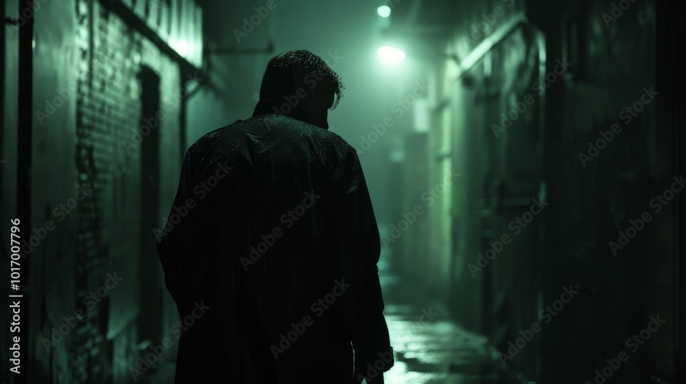 Man Walking Alone in a Dark, Foggy Alley at Night Man Walking Alone in a Dark, Foggy Alley at Night
