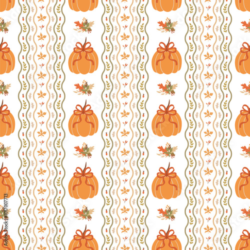 Coquette fall bows and pumpkin seamless pattern. Autumn grandmillennial vertical striped background with ribbons, leaves. Vector wallpaper, print, wrap paper, cute floral textile design, fabric.