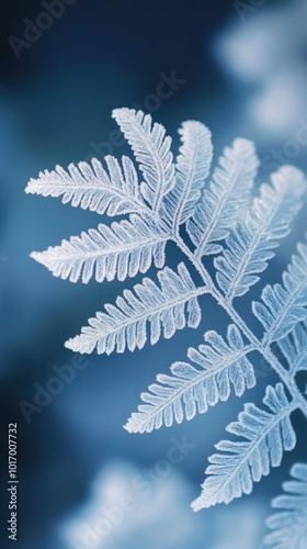 Delicate fern leaves covered in frost crystals, showcasing intricate ice patterns in soft blue tones photo