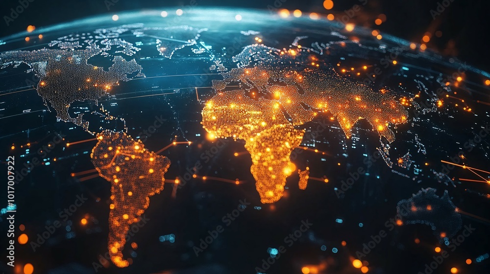 A Digital World Map Illuminated by Glowing Points of Light A Digital World Map Illuminated by Glowing Points of Light