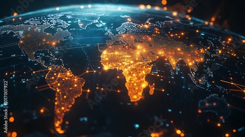 A Digital World Map Illuminated by Glowing Points of Light