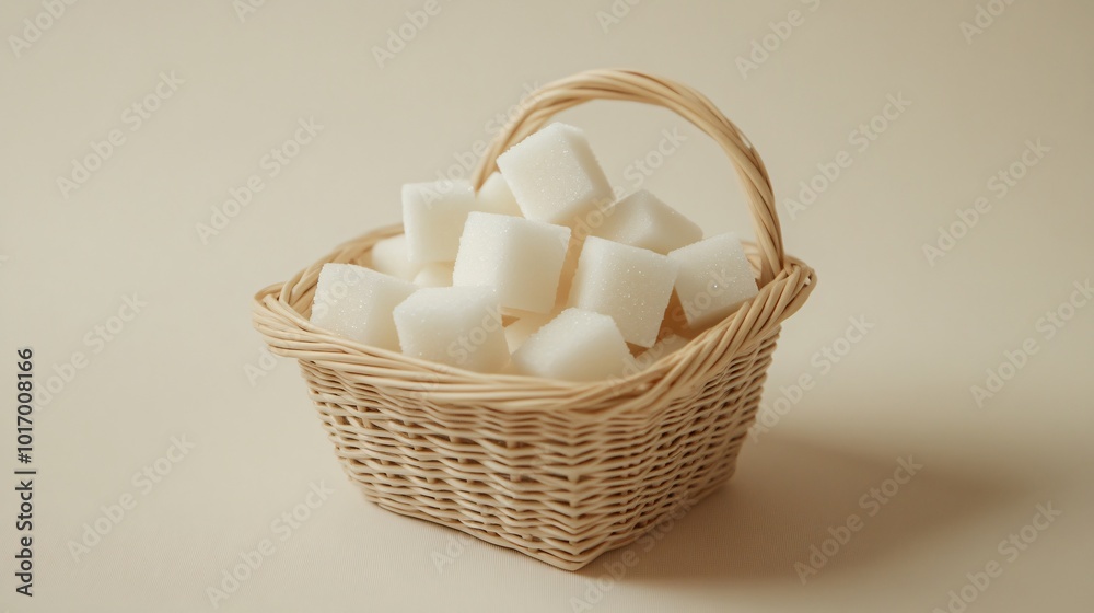 White sugar cubes in a small wicker basket, isolated on a light beige textured background White sugar cubes in a small wicker basket, isolated on a light beige textured background
