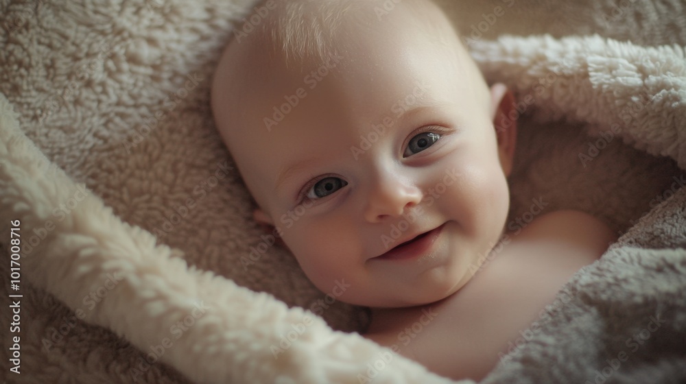Warm and cozy moments with a happy baby wrapped in a soft blanket at home Warm and cozy moments with a happy baby wrapped in a soft blanket at home
