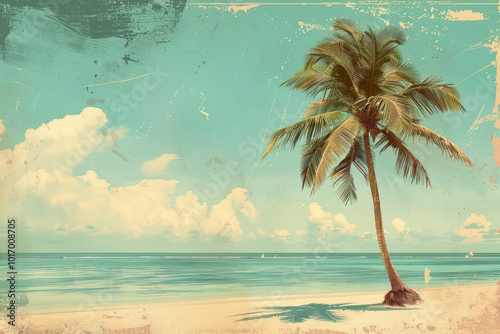 A palm tree is standing on a beach with a blue sky in the background