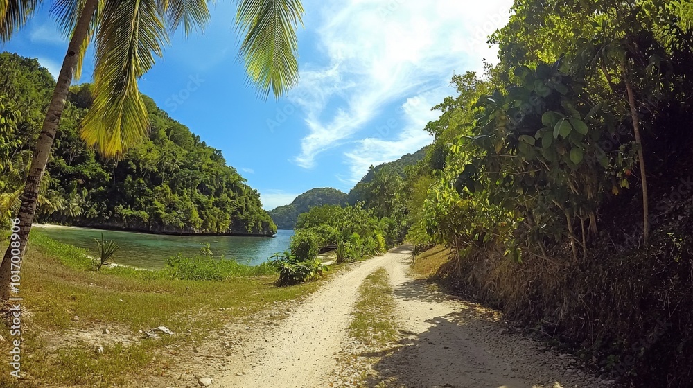 A tranquil pathway along a lush coastal landscape in a tropical paradise A tranquil pathway along a lush coastal landscape in a tropical paradise