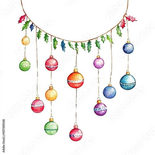 Watercolor Christmas Garlands and balls with Colorful Ornaments. AI generated image