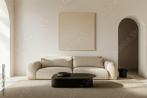 The spacious living room features a Japandi design with a plush beige sofa, sleek black coffee table, and minimalist decor, embodying a blend of contemporary elegance and tranquil harmony
