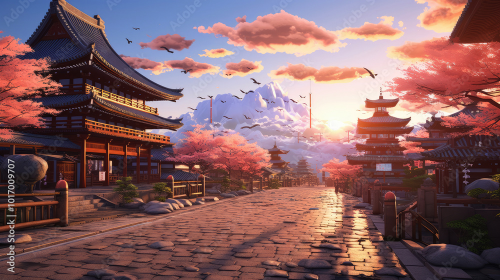 Fototapeta premium generated illustration of anime comic artstyle of japanese village city town in the morning