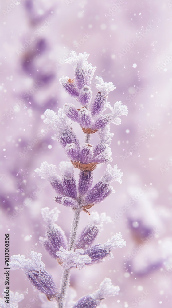 Obraz premium Frozen lavender flowers embellished with delicate snowflakes create a serene winter scene