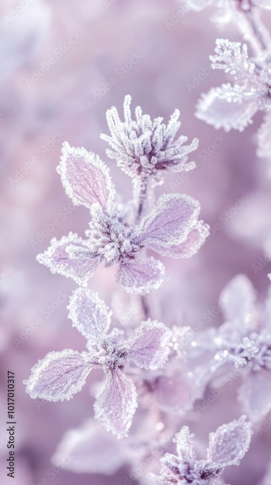 Naklejka premium Beautiful frozen lavender flowers adorned with delicate snowflakes in pastel hues