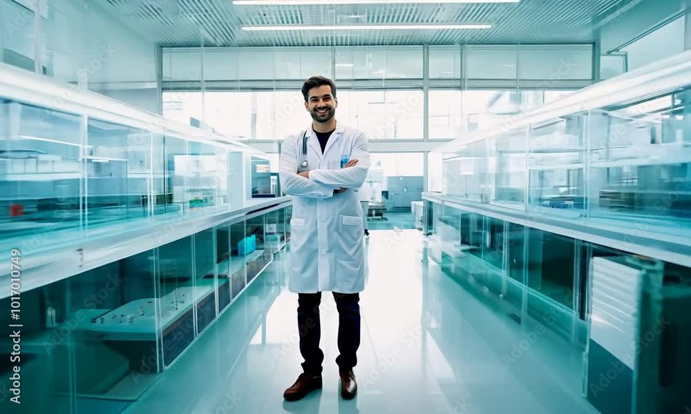 Science, confidence and face of happy man in laboratory for pharmaceutical, biotech or medical research. Healthcare, portrait and proud scientist with arms crossed, smile or professional in lab study Science, confidence and face of happy man in laboratory for pharmaceutical, biotech or medical research. Healthcare, portrait and proud scientist with arms crossed, smile or professional in lab study