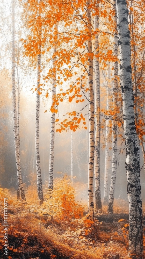 Golden autumn birch grove bathed in soft morning sunlight with rising mist Golden autumn birch grove bathed in soft morning sunlight with rising mist