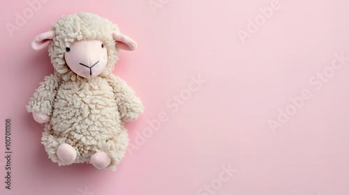 Plush lamb toy on a pink background. Flat lay minimalist composition with ample copy space. Design for children’s toy promotions, baby shower invitations, or product advertisements. photo