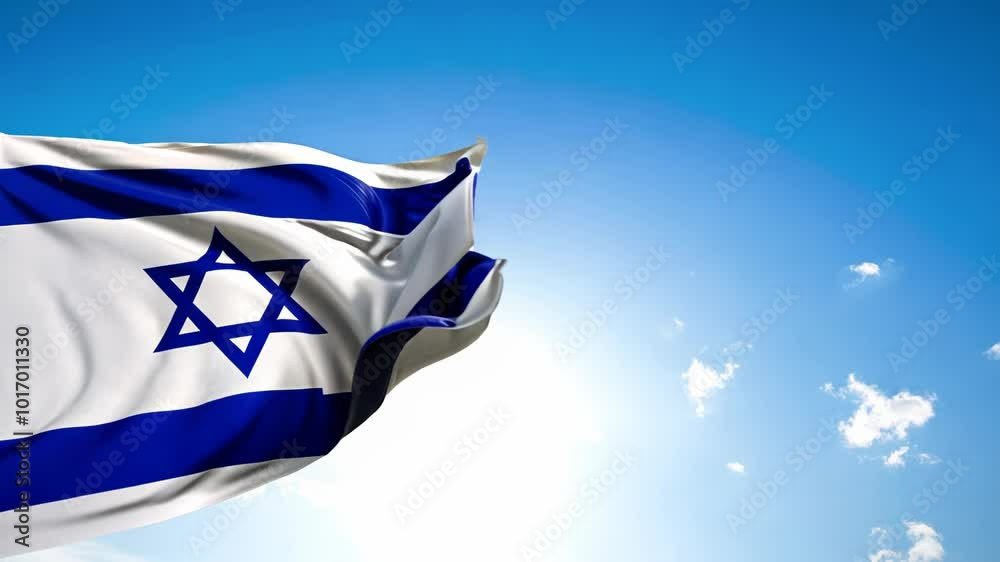 Israel flag waving in front of the blue sky. Country flag in motion, symbol of victory and patriotism