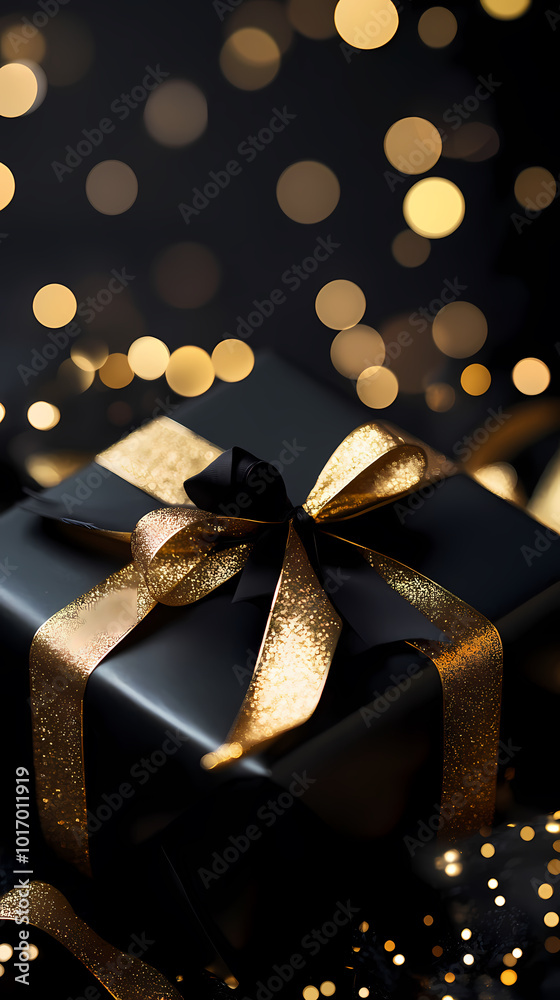 Black gift box with golden ribbon, luxurious and sparkling festive atmosphere Black gift box with golden ribbon, luxurious and sparkling festive atmosphere