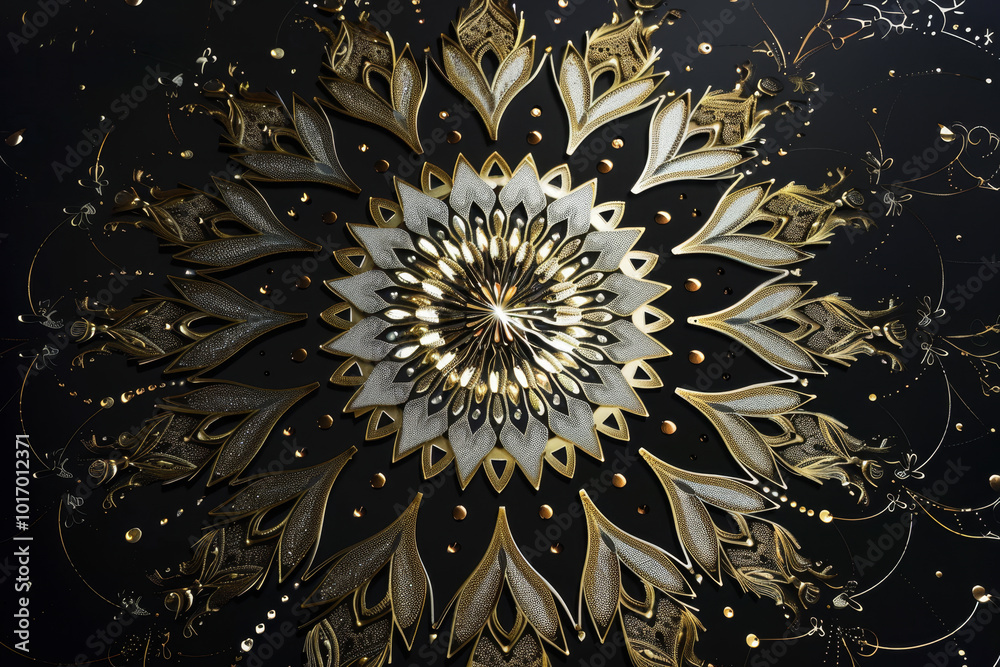 A gold and silver flowery design with a black background A gold and silver flowery design with a black background