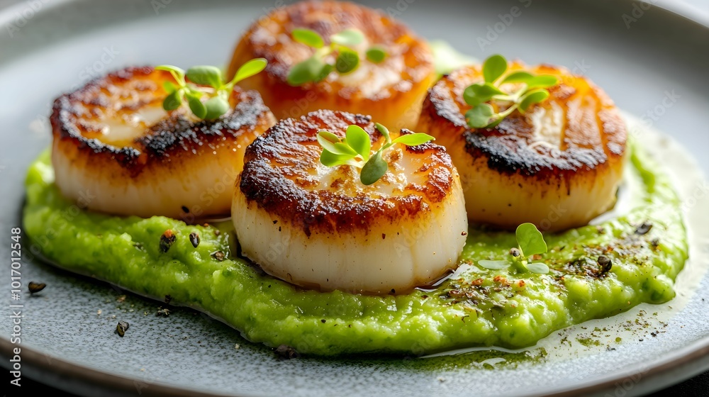 małże, smażone przegrzebki, purée z groszku, pancetta, zioła, kwiaty jadalne, elegancka prezentacja, kuchnia morska, restauracja, lemon butter, danie z owoców morza, ceramika, szary talerz, minimalist małże, smażone przegrzebki, purée z groszku, pancetta, zioła, kwiaty jadalne, elegancka prezentacja, kuchnia morska, restauracja, lemon butter, danie z owoców morza, ceramika, szary talerz, minimalist