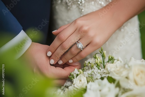 A close-up shot of the bride's hand with her wedding ring and the groom's hands, showcasing their rings on top of each other while holding flowers in an outdoor setting Generative AI