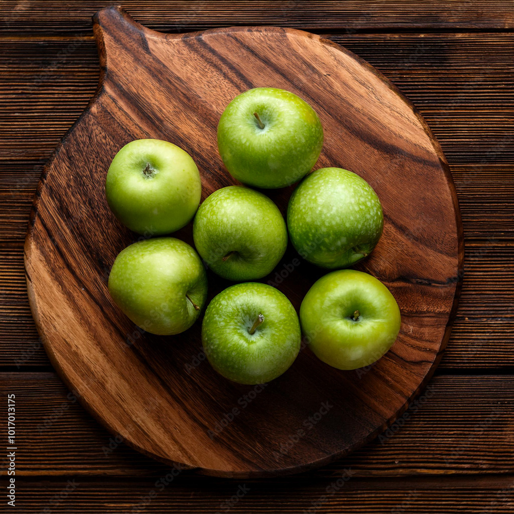 Green apples in wooden cutting board isolated on wooden background Green apples in wooden cutting board isolated on wooden background