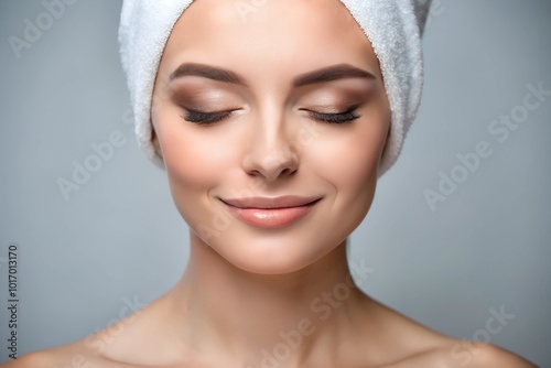 A beautiful woman with flawless skin and a towel wrapped around her head enjoys a skincare routine. She has her eyes closed, appearing relaxed and refreshed.