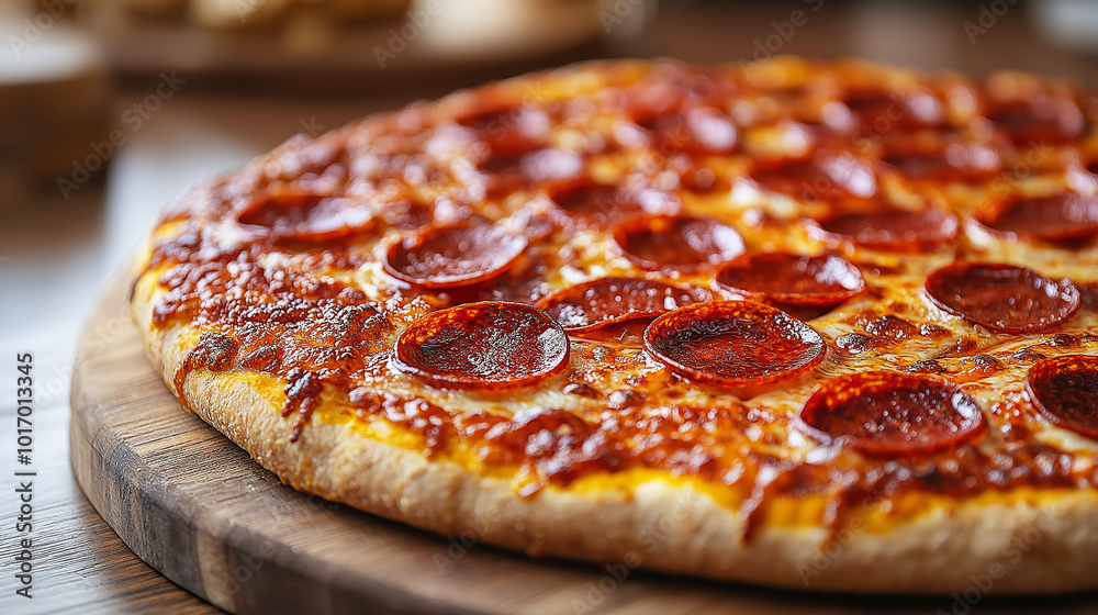 Round pizza with sausage and cheese on a wooden stand Round pizza with sausage and cheese on a wooden stand