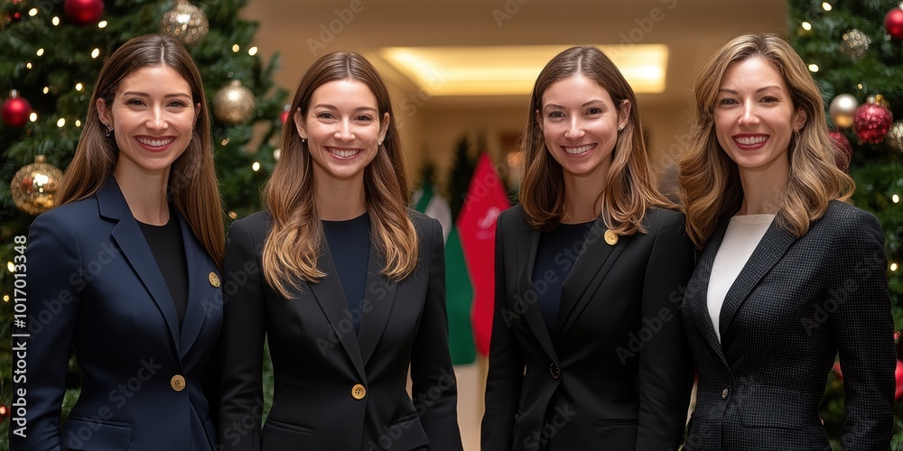 A group of four smiling women dressed in professional attire stand in front of festive Christmas trees decorated with ornaments, symbolizing a cheerful holiday setting