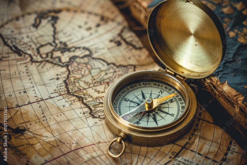 A compass is on top of a map,generative ai image A compass is on top of a map,generative ai image
