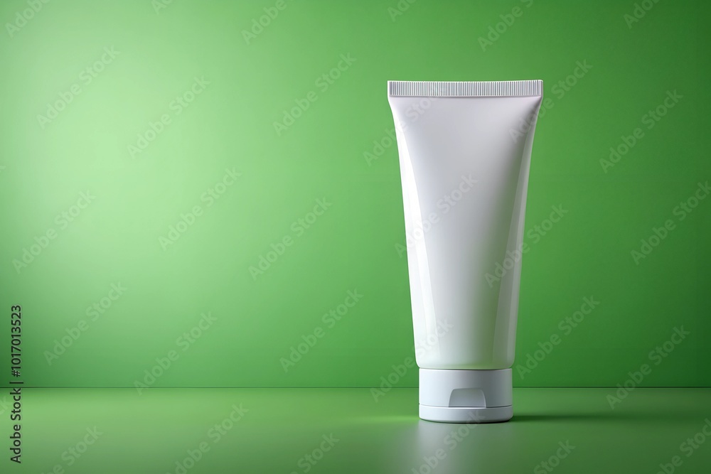 A blank white packaging tube standing against a vibrant green background, ideal for showcasing beauty, skincare, or medical product designs in a clean, modern setting. Copy space