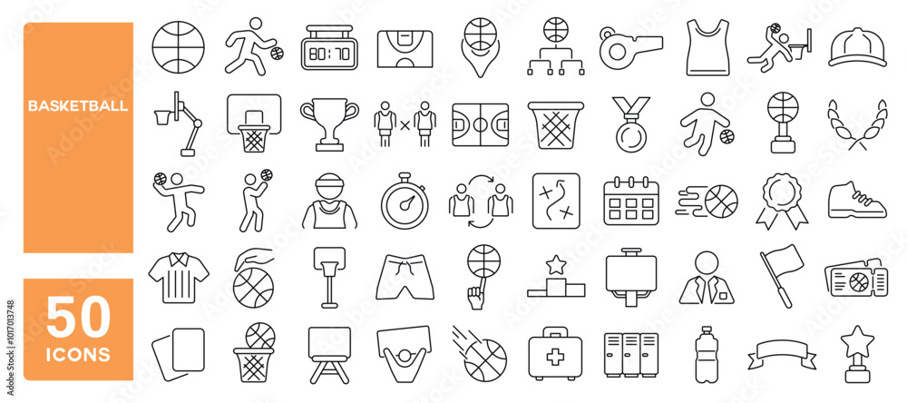 Set of 50 line icons related to basketball, hoop, shoot, basket, dribbling, court, throw, slam, competition, match, Editable stroke. Vector illustration Set of 50 line icons related to basketball, hoop, shoot, basket, dribbling, court, throw, slam, competition, match, Editable stroke. Vector illustration