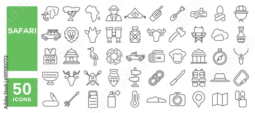 Set of 50 line icons related to safari, africa, wildlife, park, animals, nature, landscape, jungle, Editable stroke. Vector illustration