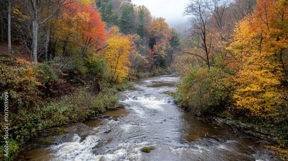 Serene autumn river flowing through colorful foliage in a misty forest Serene autumn river flowing through colorful foliage in a misty forest