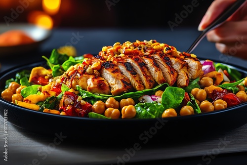 Realistic scene of a person eating a high-protein salad with chickpeas, chicken, and leafy greens, representing a filling and energizing lunch photo