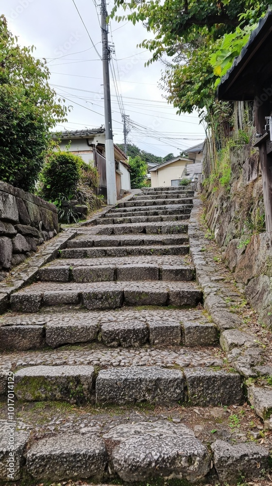 Charming stone steps winding through a lush hillside neighborhood on a cloudy day Charming stone steps winding through a lush hillside neighborhood on a cloudy day