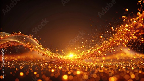 Abstract orange liquid with shiny glitter particles on dark brown background