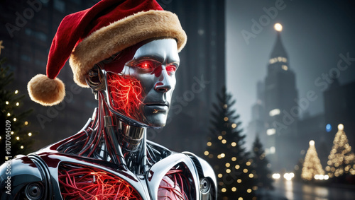 A half-length portrait of a cybernetic robot wearing a vibrant crimson Santa hat against a dark and foggy urban backdrop