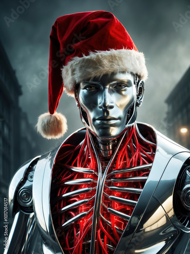 A half-length portrait of a cybernetic robot wearing a vibrant crimson Santa hat against a dark and foggy urban backdrop