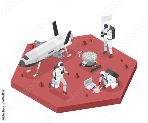 Isometric space station. Astronauts working and researching on red planet surface. Spaceship and mars rover, astronaut in spacesuit, flawless vector scene