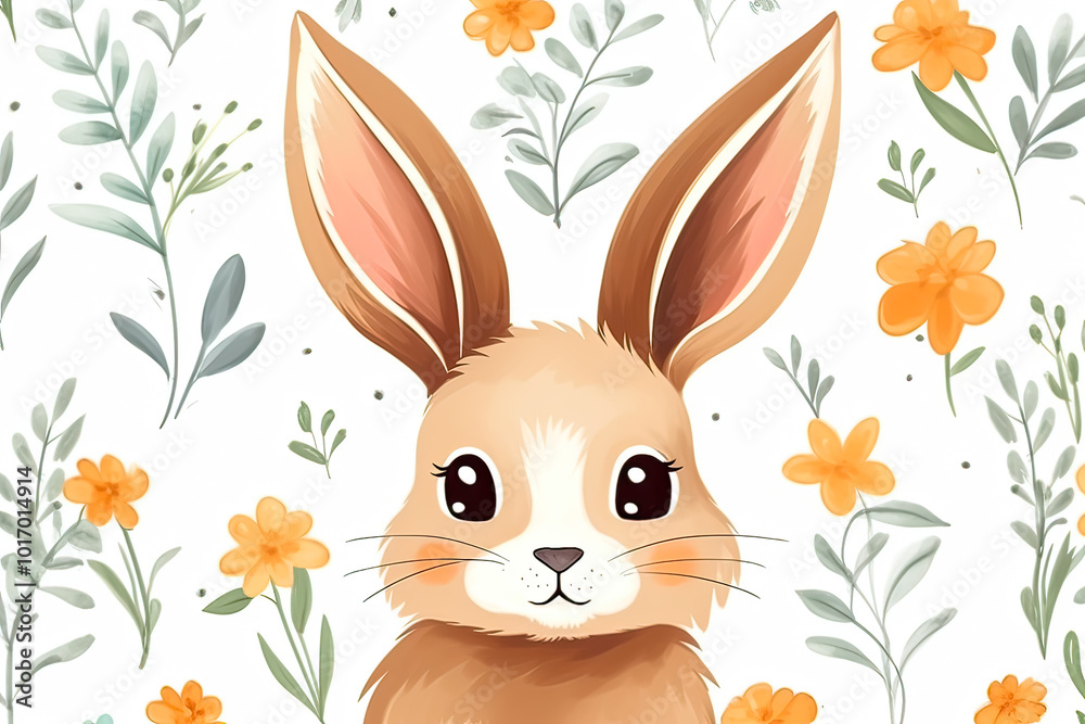 Fototapeta premium A rabbit with big eyes and a cute face is sitting in a field of flowers