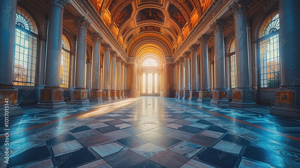 The grand and opulent interior of a historical building with tall columns, ornate ceiling, and tiled marble flooring bathed in warm, golden sunlight