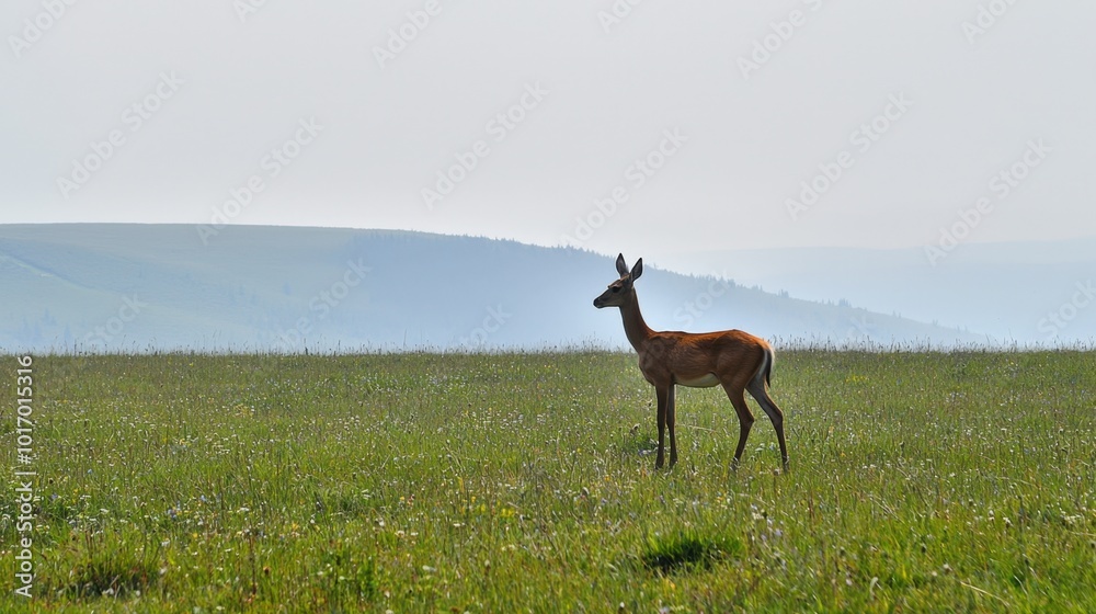 A solitary deer stands gracefully in the vast green meadow under a serene morning sky A solitary deer stands gracefully in the vast green meadow under a serene morning sky