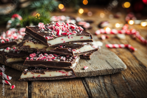  Dark chocolate filled with white chocolate with caramel and marzipan sprinkles on a wooden table in the run-up to Christmas	