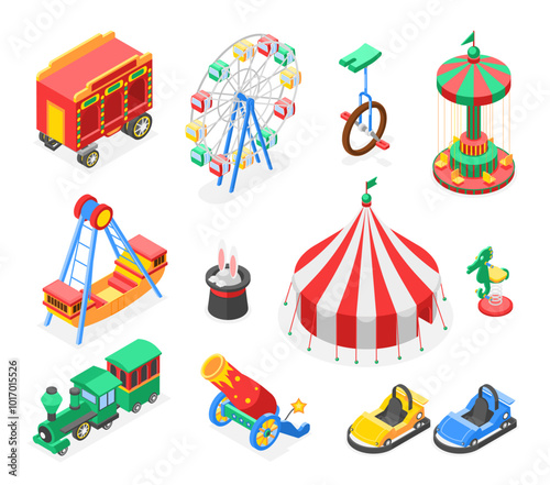 Isometric circus elements. Colorful amusement park icons, tent cars carousel bright children train. Magician cylinder with rabbit ears, flawless vector set