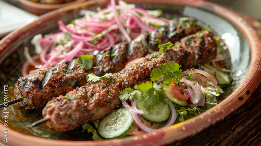 Grilled Lebanese kebab served with a side of pickled onions, cucumber, and tomato salad. Perfectly charred, flavorful, and garnished with cilantro for a fresh touch. Grilled Lebanese kebab served with a side of pickled onions, cucumber, and tomato salad. Perfectly charred, flavorful, and garnished with cilantro for a fresh touch.
