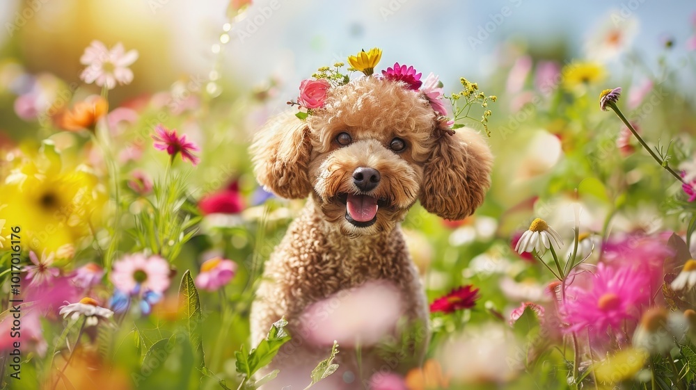 Happy poodle wearing a colorful flower crown, surrounded by vibrant wildflowers in a sunny meadow, radiating joy and nature's beauty. Happy poodle wearing a colorful flower crown, surrounded by vibrant wildflowers in a sunny meadow, radiating joy and nature's beauty.