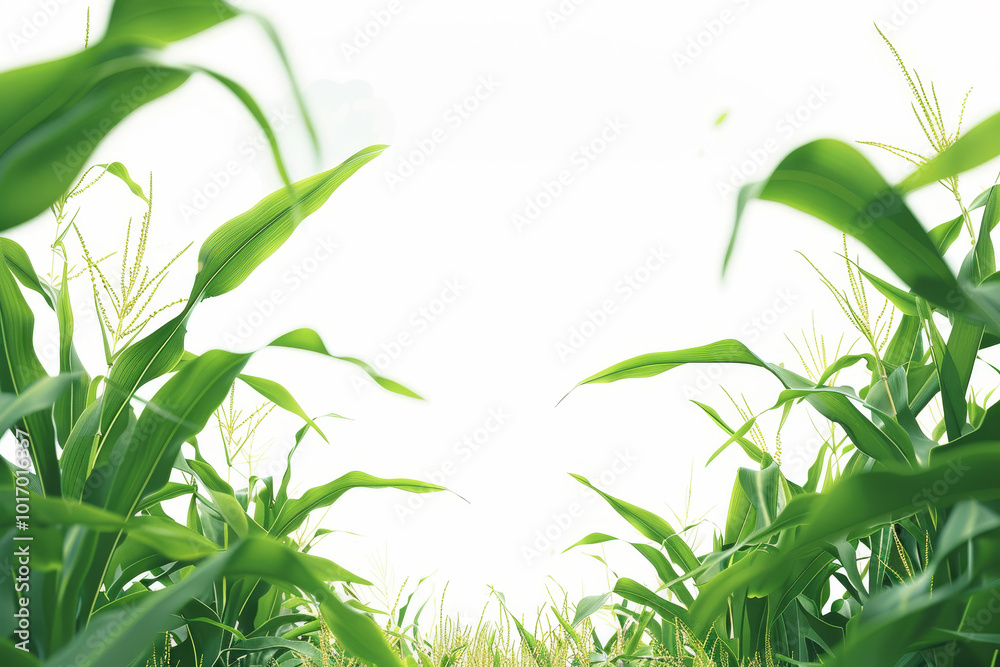 Naklejka premium A field of corn with tall green stalks and a white background