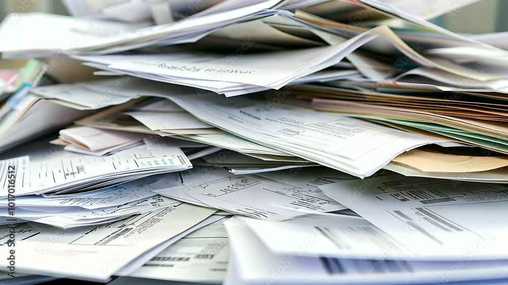 chaotic pile of paperwork and accounting documents, emphasizing the administrative clutter and finance-related bureaucracy. The copy space allows for customization or text overlay